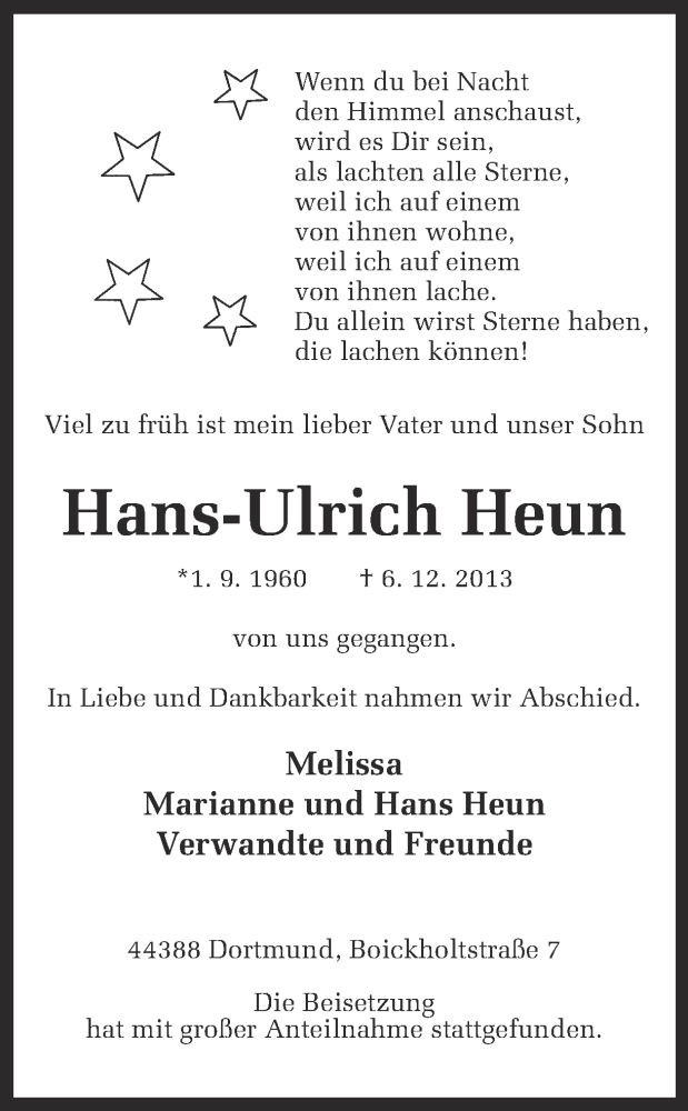  Traueranzeige für Hans-Ulrich Heun vom 19.12.2013 aus Ruhr Nachrichten