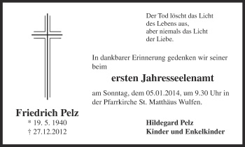 Traueranzeige von Friedrich Pelz von Ruhr Nachrichten und Dorstener Zeitung