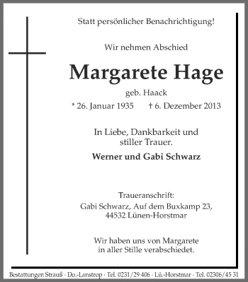 Traueranzeige von Margarete Hage von Ruhr Nachrichten