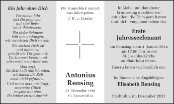 Traueranzeige von Antonius Rensing von Münstersche Zeitung und Münsterland Zeitung