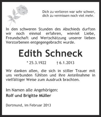 Traueranzeige von Edith Schneck von Ruhr Nachrichten