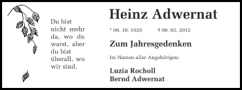 Traueranzeige von Heinz Adwernat von Ruhr Nachrichten