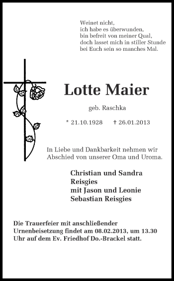 Traueranzeige von Lotte Maier von Ruhr Nachrichten