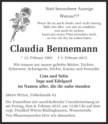Traueranzeige von Claudia Bennemann von Ruhr Nachrichten