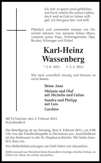 Traueranzeige von Karl-Heinz Wassenberg von Münstersche Zeitung und Münsterland Zeitung