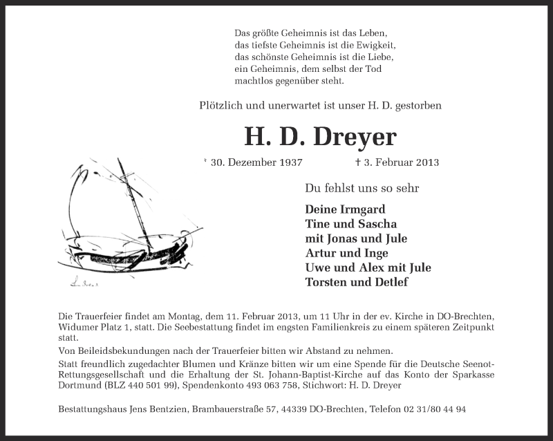  Traueranzeige für H.D. Dreyer vom 07.02.2013 aus Ruhr Nachrichten