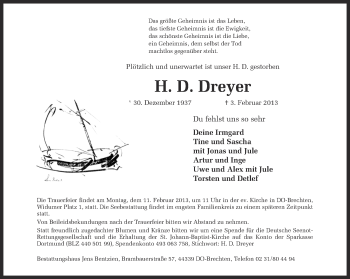 Traueranzeige von H.D. Dreyer von Ruhr Nachrichten