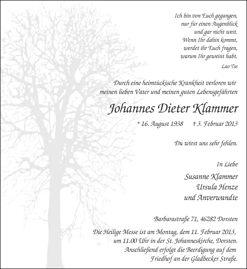  Traueranzeige für Johannes Dieter Klammer vom 07.02.2013 aus Ruhr Nachrichten und Dorstener Zeitung