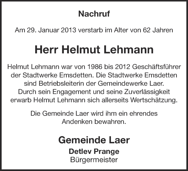  Traueranzeige für Helmut Lehmann vom 07.02.2013 aus 