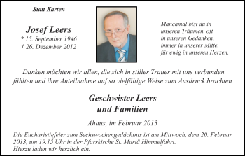 Traueranzeige von Josef Leers von Münstersche Zeitung und Münsterland Zeitung