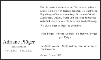 Traueranzeige von Adriane Plöger von Münstersche Zeitung und Grevener Zeitung