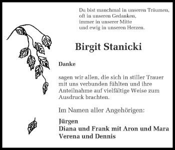 Traueranzeige von Birgit Stanicki von Ruhr Nachrichten