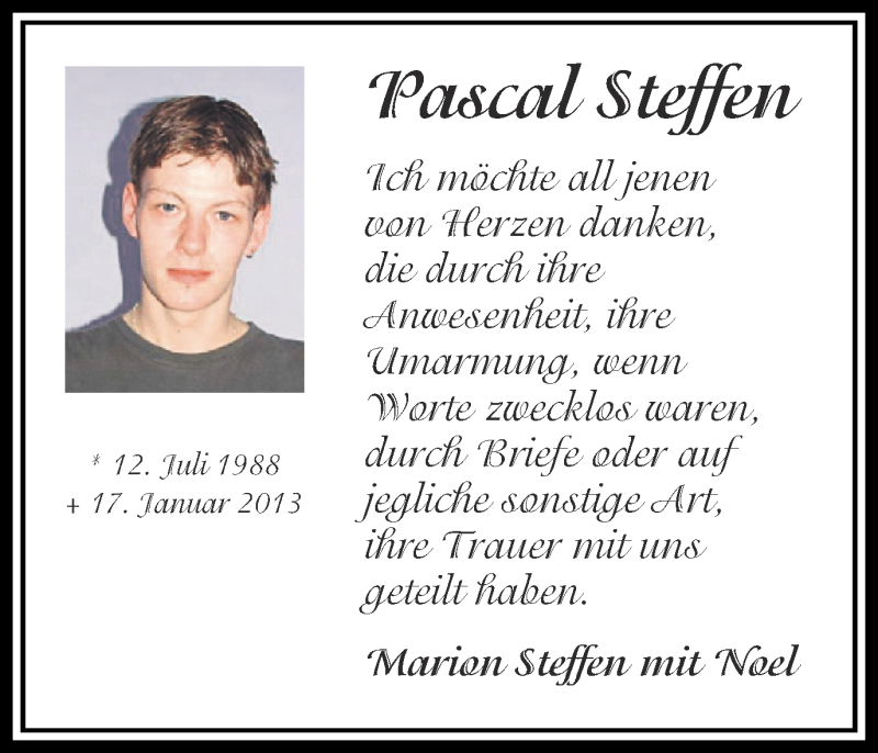  Traueranzeige für Pascal Steffen vom 09.02.2013 aus Ruhr Nachrichten und Halterner Zeitung