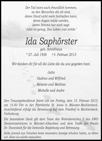Traueranzeige von Ida Saphörster von Münstersche Zeitung und Grevener Zeitung