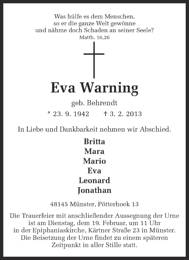  Traueranzeige für Eva Warning vom 13.02.2013 aus Münstersche Zeitung und Grevener Zeitung