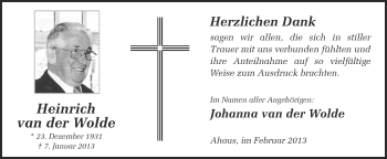 Traueranzeige von Heinrich van der Wolde von Münstersche Zeitung und Münsterland Zeitung