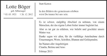 Traueranzeige von Lotte Böger von Münstersche Zeitung und Grevener Zeitung