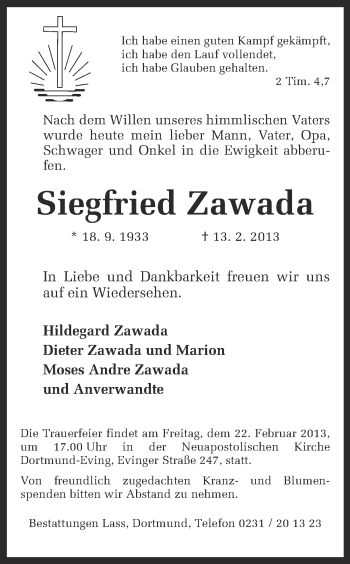 Traueranzeige von Siegfried Zawada von Ruhr Nachrichten