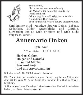 Traueranzeige von Annemarie Onken von Ruhr Nachrichten