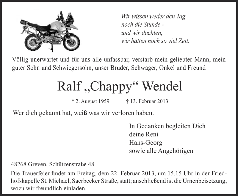  Traueranzeige für Ralf Wendel vom 18.02.2013 aus Münstersche Zeitung und Grevener Zeitung