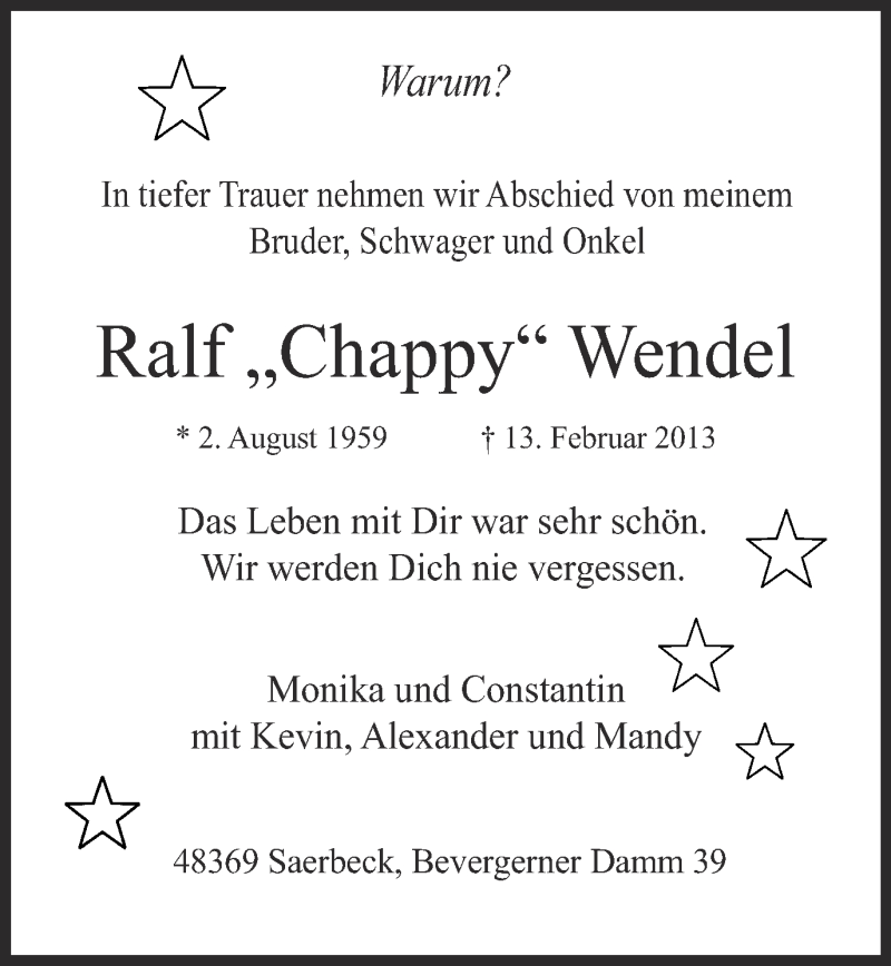  Traueranzeige für Ralf Wendel vom 18.02.2013 aus Münstersche Zeitung und Grevener Zeitung
