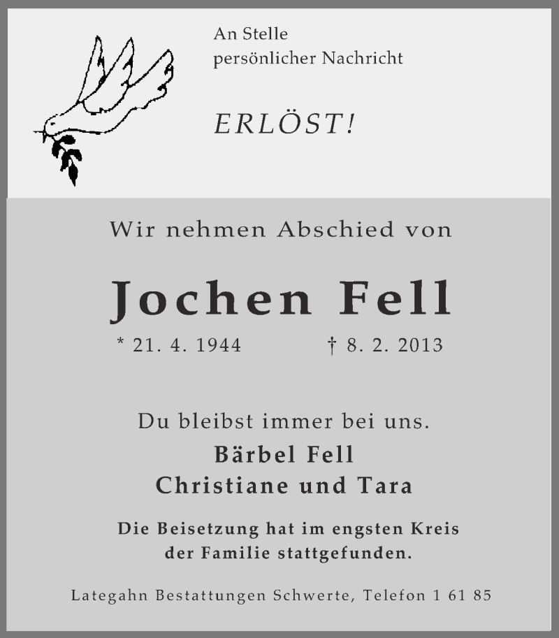  Traueranzeige für Jochen Fell vom 16.02.2013 aus Ruhr Nachrichten