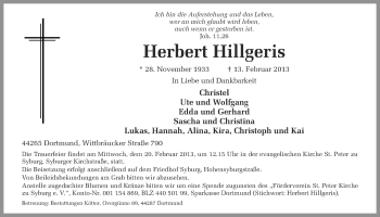 Traueranzeige von Herbert Hillgeris von Ruhr Nachrichten