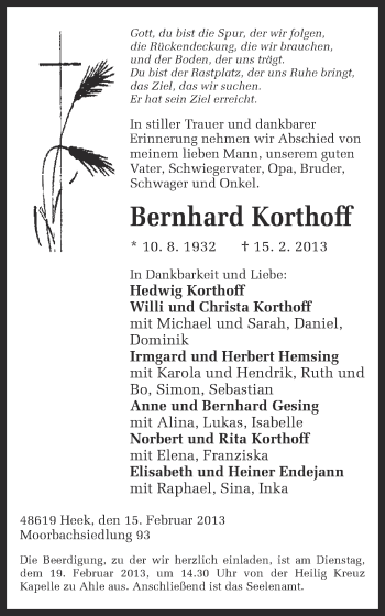 Traueranzeige von Bernhard Korthoff von Münstersche Zeitung und Münsterland Zeitung