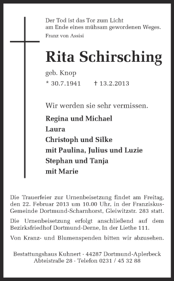 Traueranzeige von Rita Schirsching von Ruhr Nachrichten