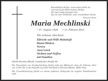 Traueranzeige von Maria Mechlinski von Ruhr Nachrichten und Dorstener Zeitung