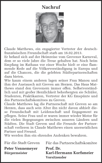 Traueranzeige von Claude Matthews von Münstersche Zeitung und Grevener Zeitung