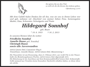 Traueranzeige von Hildegard Sonnhof von Ruhr Nachrichten