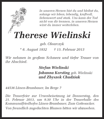 Traueranzeige von Therese Wielinski von Ruhr Nachrichten