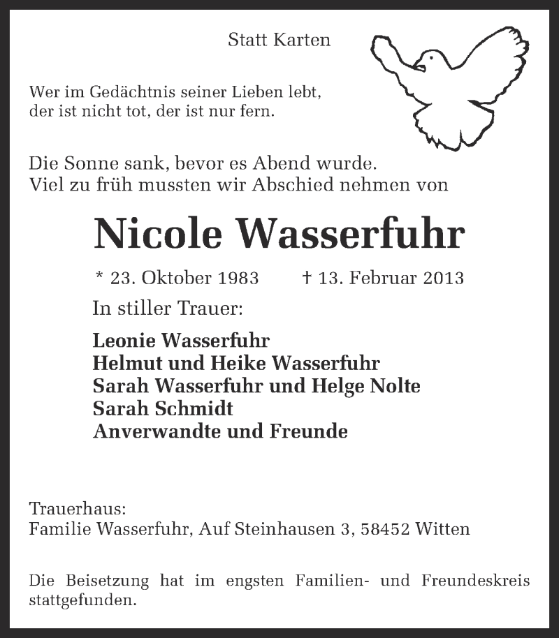  Traueranzeige für Nicole Wasserfuhr vom 19.02.2013 aus Ruhr Nachrichten