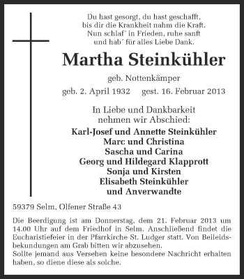 Traueranzeige von Martha Steinkühler von Ruhr Nachrichten
