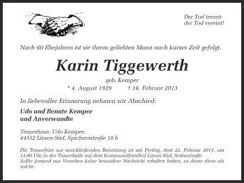 Traueranzeige von Karin Tiggewerth von Ruhr Nachrichten