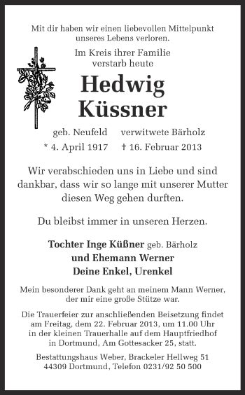 Traueranzeige von Hedwig Küssner von Ruhr Nachrichten