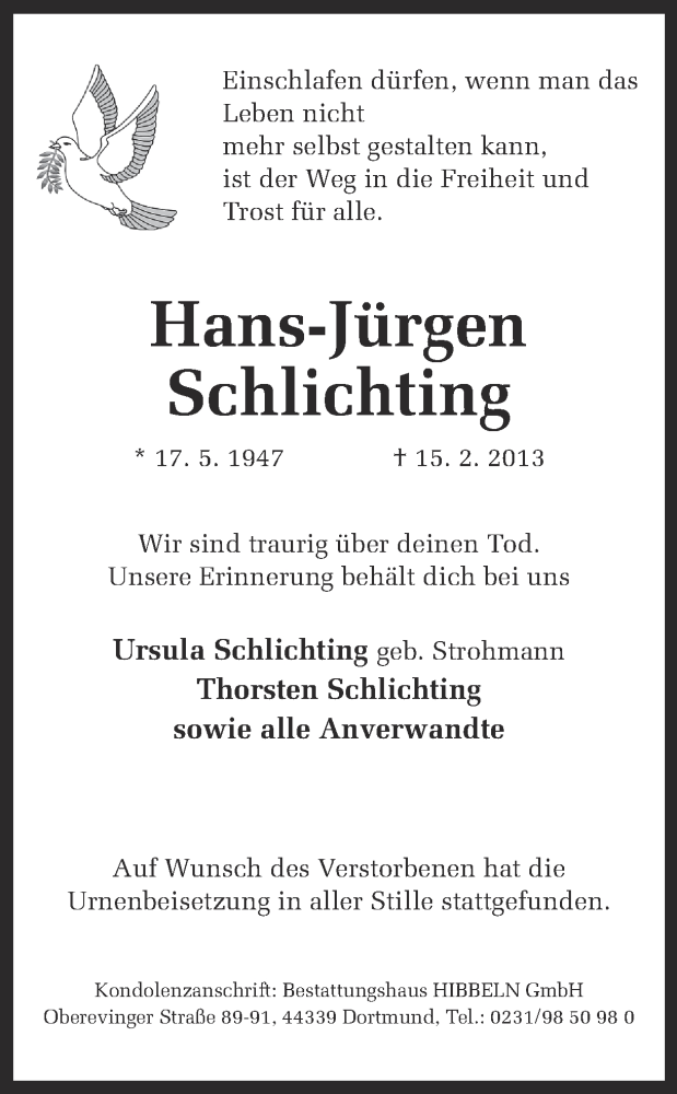  Traueranzeige für Hans Jürgen Schlichting vom 23.02.2013 aus Ruhr Nachrichten
