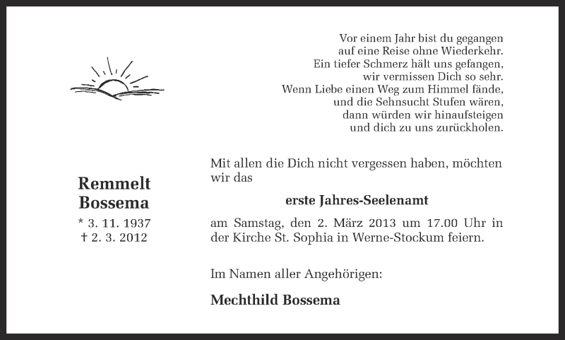 Traueranzeige für Remmelt Bossema vom 23.02.2013 aus Ruhr Nachrichten