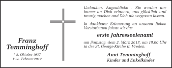 Traueranzeige von Franz Temminghoff von Münstersche Zeitung und Münsterland Zeitung