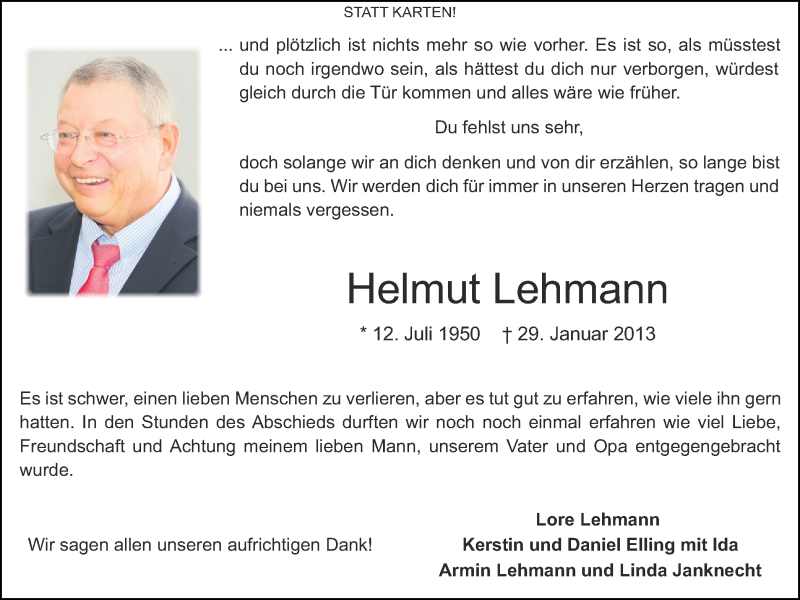  Traueranzeige für Helmut Lehmann vom 23.02.2013 aus 