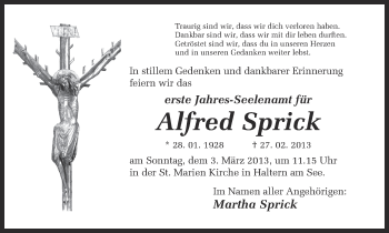 Traueranzeige von Alfred Sprick von Ruhr Nachrichten und Halterner Zeitung