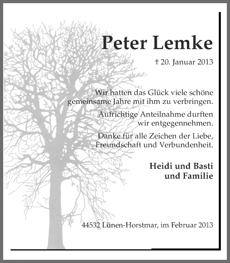  Traueranzeige für Peter Lemke vom 23.02.2013 aus Ruhr Nachrichten