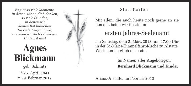  Traueranzeige für Agnes Blickmann vom 27.02.2013 aus Münstersche Zeitung und Münsterland Zeitung