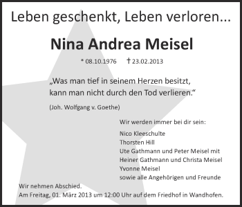 Traueranzeige von Nina Andrea Meisel von Ruhr Nachrichten