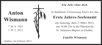 Traueranzeige von Anton Wissmann von Münstersche Zeitung und Grevener Zeitung