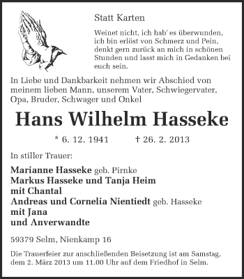 Traueranzeige von Hans Wilhelm Hasseke von Ruhr Nachrichten
