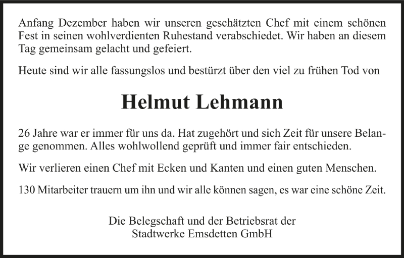  Traueranzeige für Helmut Lehmann vom 02.02.2013 aus 