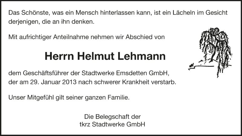  Traueranzeige für Helmut Lehmann vom 02.02.2013 aus 
