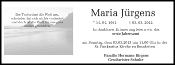 Traueranzeige von Maria Jürgens 